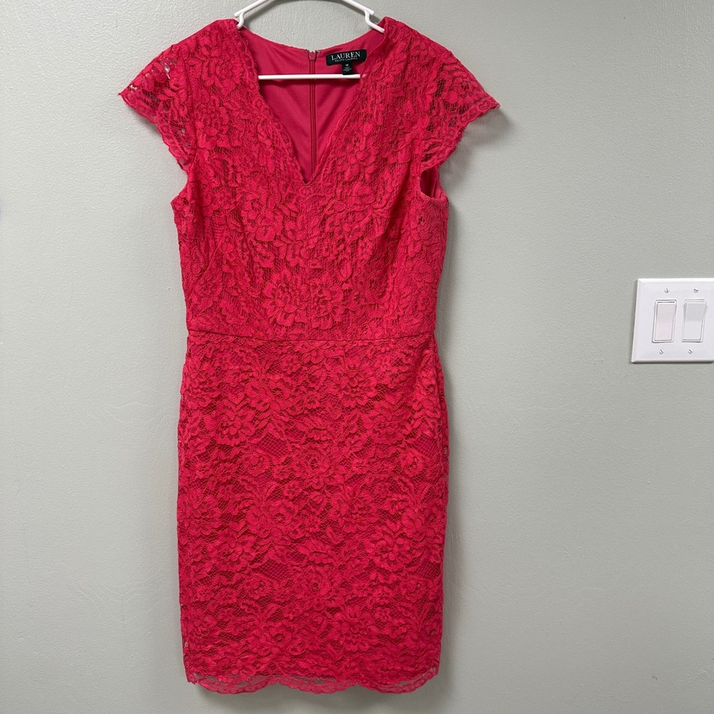 Lauren Ralph Lauren Pink Red Floral Lace V-Neck Cap Sleeve Sheath Dress 10